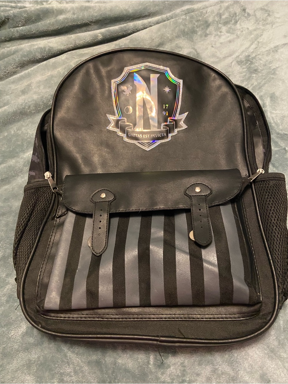 Kids Black Striped Backpack with Holographic Crest Accent
